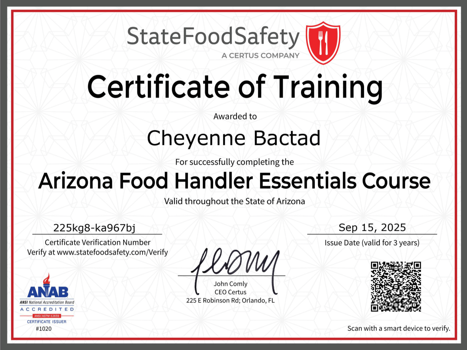Food Handlers Certificate